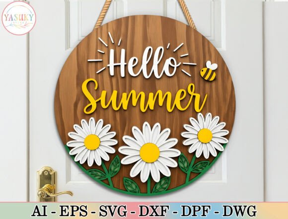 Hello Summer Daisy Round Sign SVG